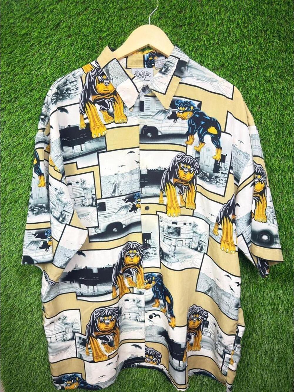 Y2K Up Rock Rottweiler Dog All Over Graphic Button Up Shirt Tan 2XL